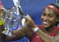 USA's Coco Gauff poses with the trophy after winning the US Open tennis tournament women's singles final match against Belarus's Aryna Sabalenka at the USTA Billie Jean King National Tennis Center in New York City, on September 9, 2023. (Photo by TIMOTHY A. CLARY / AFP)