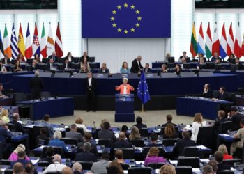 EU Commission President Ursula von der Leyen gives her annual State of the Union address during a plenary session at the European Parliament in Strasbourg, eastern France, on September 13, 2023. (Photo by FREDERICK FLORIN / AFP)