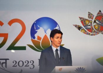 Canada’s Prime Minister Justin Trudeau attends a press conference after the closing session of the G20 summit in New Delhi on September 10, 2023. (Photo by Money SHARMA / AFP)