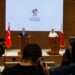 Qatar’s Prime Minister and Foreign Minister Mohammed bin Abdulrahman al-Thani (R) and Turkey’s Foreign Minister Hakan Fidan hold a press conference in Doha on October 25, 2023. (Photo by KARIM JAAFAR / AFP)