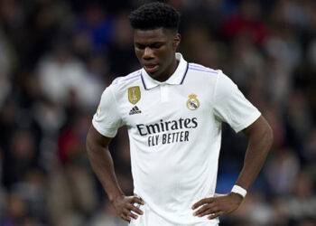 MADRID, SPAIN – FEBRUARY 15: Aurelien Tchouameni of Real Madrid CF reacts during the LaLiga Santander match between Real Madrid CF and Elche CF at Estadio Santiago Bernabeu on February 15, 2023 in Madrid, Spain. (Photo by Diego Souto/Quality Sport Images/Getty Images)