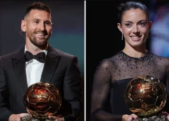 Ballon d’Or 2023 award winners, Lionel Messi and Aitana Bonmati. Composite: AFP