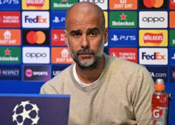 Manchester City’s Spanish manager Pep Guardiola attends a press conference at Manchester City training ground in Manchester, north-west England on September 18, 2023, ahead of their UEFA Champions League Group G football match against Red Star Belgrade. (Photo by Paul ELLIS / AFP)