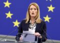 European Parliament President Roberta Metsola speaks before a speech of Armenia’s Prime Minister in a formal sitting during a plenary session at the European Parliament in Strasbourg, eastern France, on October 17, 2023. (Photo by FREDERICK FLORIN / AFP)