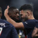 Paris Saint-Germain's Portuguese forward #09 Goncalo Ramos (CR) congratulates Paris Saint-Germain's French forward #10 Ousmane Dembele (C) after he scored PSG's third goal during the French L1 football match between Paris Saint-Germain (PSG) and AS Monaco at The Parc des Princes Stadium in Paris on November 24, 2023. (Photo by FRANCK FIFE / AFP)