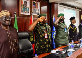 From left: Chairman, Governing Board of Martin Luther Agwai International Leadership and Peacekeeping Centre (MLAILPKC), Gen. Martin Luther Agwai; Deputy Chief of Training (Army) Courses and Examination, Maj.-Gen. Olusegun Abai; Deputy Commandant of MLAILPKC, Col. Tahir Abdallah; representative of Embassy of Japan in Nigeria, Lt. Col. Morita Tatsuya; Director-General, Nigeria Army Resource Centre, Col. Sani Usman and Team lead, Governance Peace and Security United Nations Development Programme (UNDP), Mr matthew Alao, during an inauguration ceremony of the Countering Violent Extremism Course3/2023 organized by MLAILPKC in Abuja on Monday (6/11/23).27825/6/11/2023/Anthony Alabi/NAN