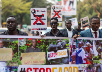 Environmental activists protest in front of the Parliament of Uganda against the East African Crude Oil Pipeline (EACOP) in Kampala on 15 September 2023. Picture: AFP