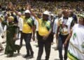 President Cyril Ramaphosa acknowledges cheers from ANC party supporters. Photo:apnews.com