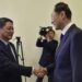 China's Vice Foreign Minister Sun Weidong (R) shakes hands with North Korea's Vice Foreign Minister Pak Myong Ho during a meeting at the People's Palace of Culture in Pyongyang on January 26, 2024. (Photo by KIM Won Jin / AFP)