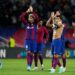 Barcelona players celebrate their win at the end of the UEFA Champions League 1st round Group H football match between FC Barcelona and Shakhtar Donetsk at the Estadi Olimpic Lluis Companys in Barcelona on October 25, 2023. (Photo by Pau BARRENA / AFP)