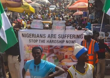 Protesters are seen protesting against the high cost of living in Niger State on February 7, 2024.