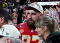 Kansas City Chiefs’ tight end #87 Travis Kelce and US singer-songwriter Taylor Swift embrace as they celebrate the Chiefs winning Super Bowl LVIII against the San Francisco 49ers at Allegiant Stadium in Las Vegas, Nevada, February 11, 2024. (Photo by TIMOTHY A. CLARY / AFP)