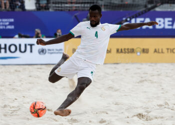 Papa Ndour of Senegal in action during the FIFA Beach Soccer World Cup Russia 2021 third place match between Switzerland and Senegal on August 29, 2021 at Luzhniki Beach Soccer Stadium in Moscow, Russia. (Photo by Mike Kireev/NurPhoto)